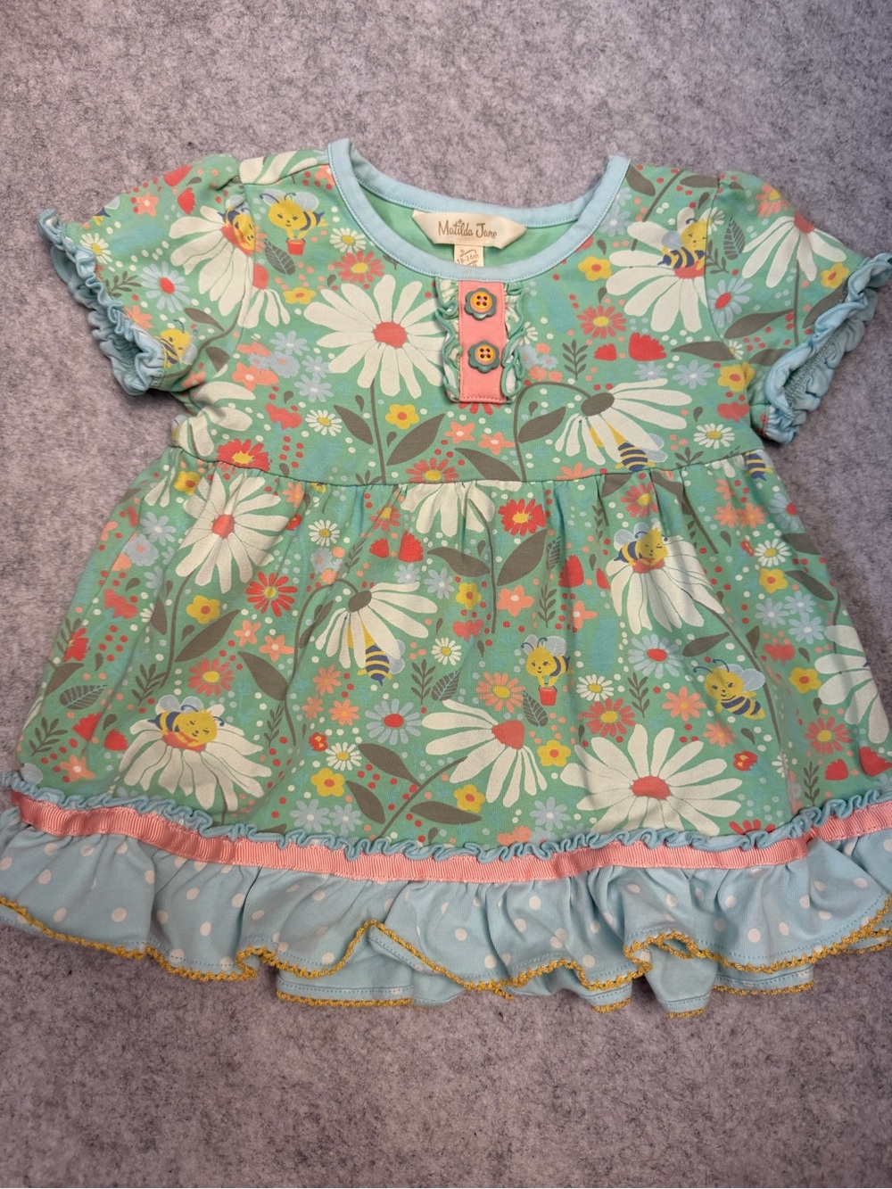 Matilda Jane Mint Floral Bee Ruffle Dress with Coral Accents